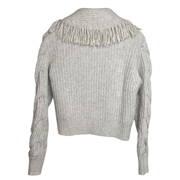 dh NEW YORK Mika Fringe Trim Crop Cardigan S Ecru Wool Blend Boho Cozy Knit - Picture 2 of 9